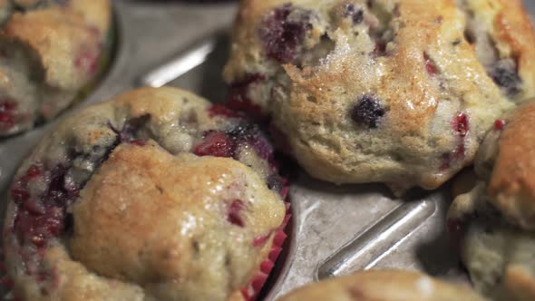 Slow pan left freshly baked blueberry and cranberry muffins in colorful wrappers up close