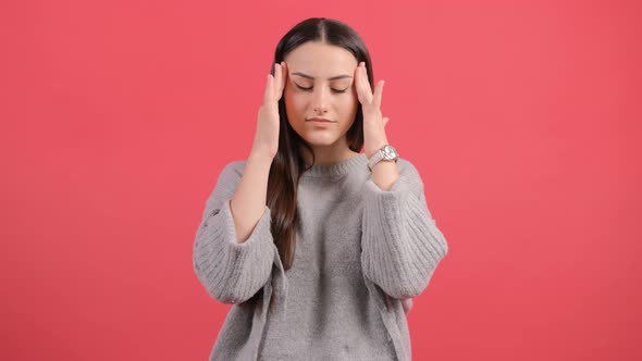 Headache. Young Woman Feeling Pain, Holding Her Head with Hand.