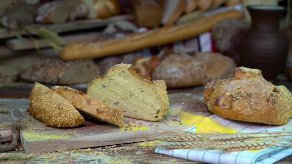 Sliced ​​fresh Corn Bread on The Table in The Bakery