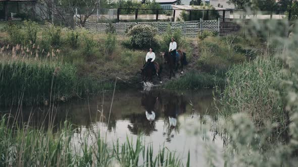 Young Women Ride Chestnut Horses Down Hilly Bank to Lake