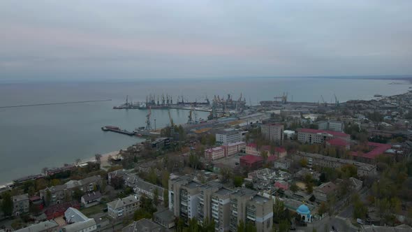 Drone Flies Over Seaside with Sea Port in Small Bay on Sea of Azov