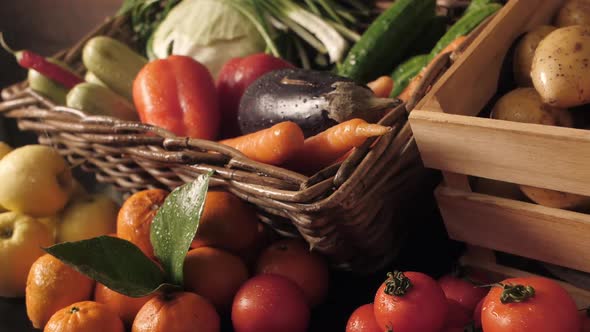 Basket with Fresh Vegetables Potatoes Herbs Cabbage Peppers Carrots Cucumbers