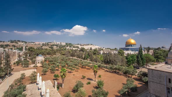Garden Area Timelapse Hyperlapse and View of the Dome of the Rock in the Historical Center of the