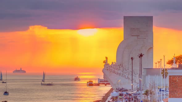 Elevated Sunset View of the Padrao Dos Descobrimentos Monument To the Discoveries Timelapse Famous