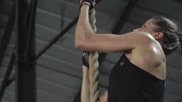 Beautiful Girl Athlete Climbs the Rope in Gym