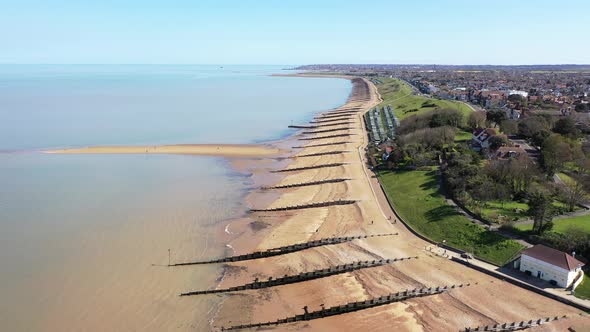 An Aerial View of an Empty Sandy Beach. Pandemic Quarantine. Whitstable, Kent, UK