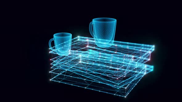 Stack Of Books And Mugs Hologram Rotating 4k alt