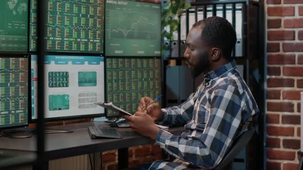 Financial Analyst Taking Notes on Clipboard About Stock Market Sales