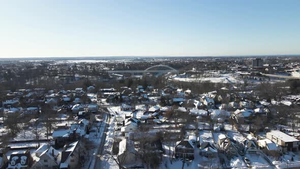 Drone shot of St. Catharines, Ontario. Looking towards downtown and the Burgoyne Bridge