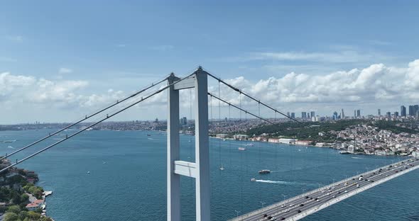 Istanbul Bosphorus Bridge and City Skyline in Background with Turkish Flag at Beautiful Sunset