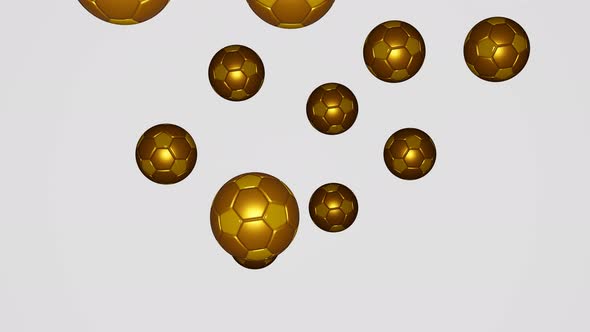 Many golden football balls falling down on white background.