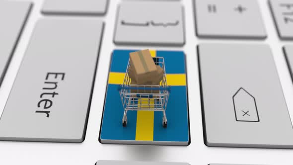 Keyboard Key with Flag of Sweden and Shopping Cart with Boxes