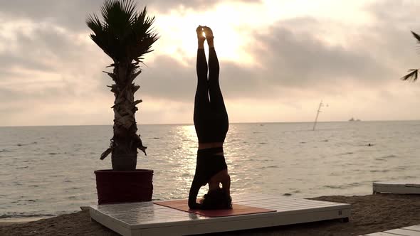 Woman Standing on Head in Yoga Pose Salamba Shirshasana Outdoor Practicing Yoga Asana on the Beach