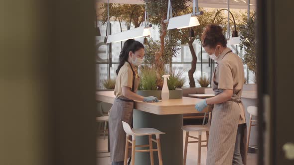 Workers Cleaning in Plant-filled Restaurant