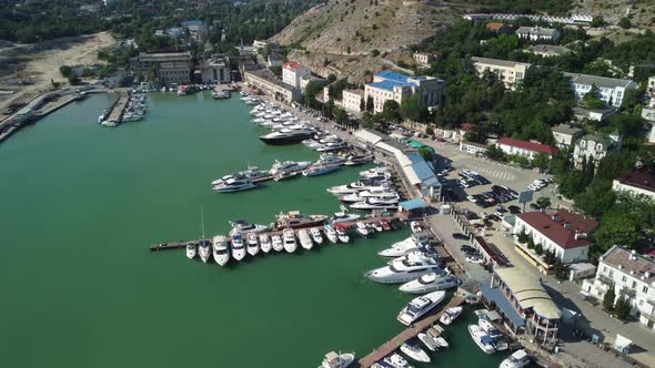 Aerial Panoramic View of Balaklava Landscape with Boats and Sea in Marina Bay