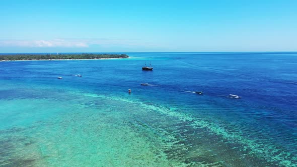 Aerial drone nature of idyllic shore beach wildlife by transparent sea with white sand background of