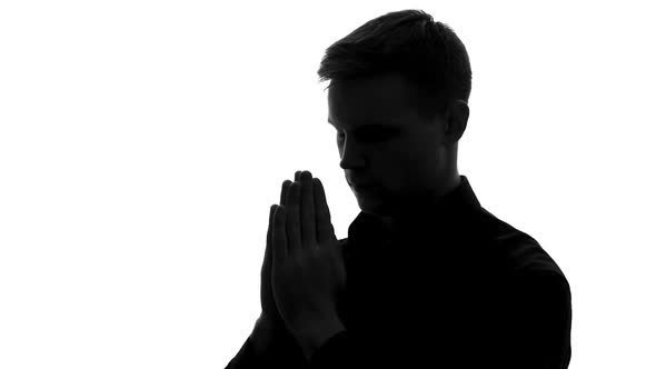 Young Man Shadow Praying, Asking Forgiveness, Religion Ritual, Thanksgiving