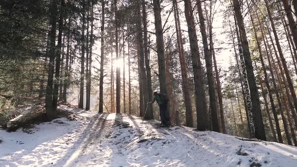 Man Hiker Walking in Mountain Forest Slow Motion