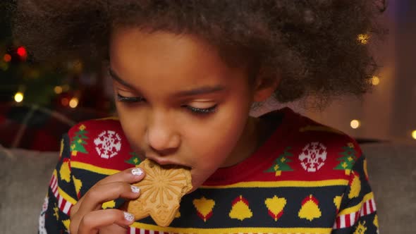 Cute African American Girl Is Enjoying the Traditional Christmas Cookies