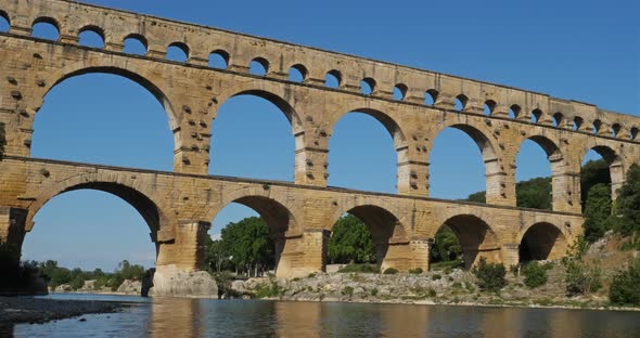 The Roman Bridge Pont du Gard and the Gardon River,Resmoulins, Gard, Occitanie,France