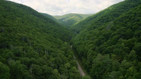Aerial drone flying forward through green summer forest as rural mountain road carves through the va