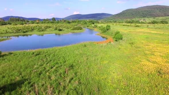 Aerial view of Jesenica river and surrounding in Croatian region Lika.