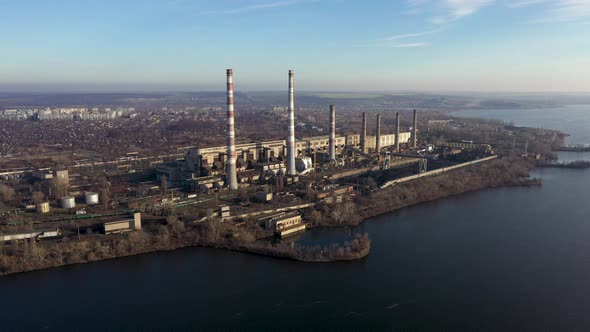 Aerial View of Garbage Incineration Plant. Waste Incinerator Plant with Smoking Smokestacks