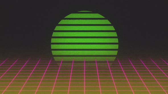 Animation of green circle with stripes and pink grid alt