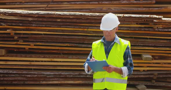 Male Worker Examining Plank's Stack