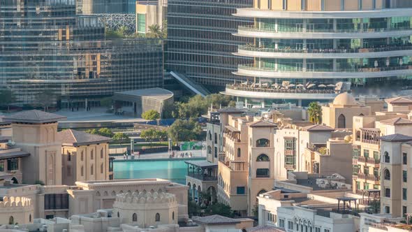 Famous Musical Fountain in Dubai with Skyscrapers in the Background Aerial Timelapse