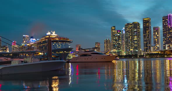 Miami Timelapse. Cruise Ship on Miami Skyline Timelapse. Miami, Florida, USA Skyline on Biscayne Bay