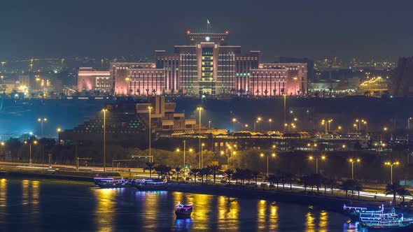 Doha Skyline with Ministry of Interior and Post Office Night Timelapse