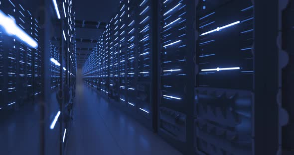 Data Center Computer Racks In Network Security Server Room or Cryptocurrency Mining Farm