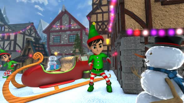 Cute elf dancing next to Santa sleight