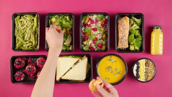 Food Delivery Top View Take Away Meals in Disposable Containers on Pink Background