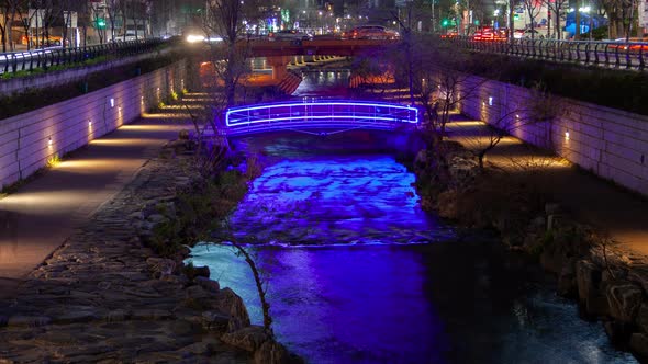 Timelapse Illuminated Bridge on Seoul Cheonggyecheon Stream