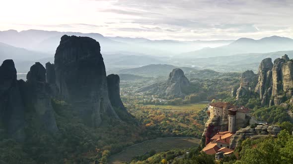 Panning Shot of Meteora Monastery Mountain in Greece