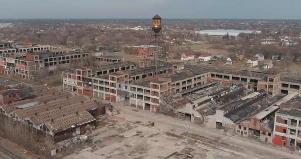 Aerial view of the dilapidated Packard Automotive Plant in Detroit, Michigan.This video was filmed i