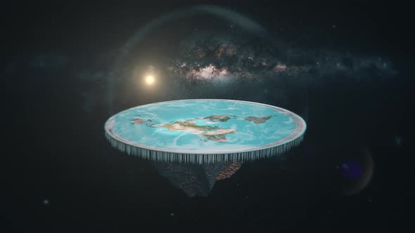 Flat Earth in cosmos. Overview of flat Earth slowly rotating in space. Antarctica as an ice wall. alt