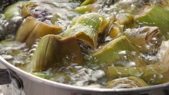 Boiling Artichokes in Saucepan