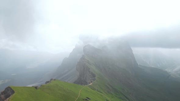 Drone Flying Forward to Geisler Mountain Group in Dolomites, Italy