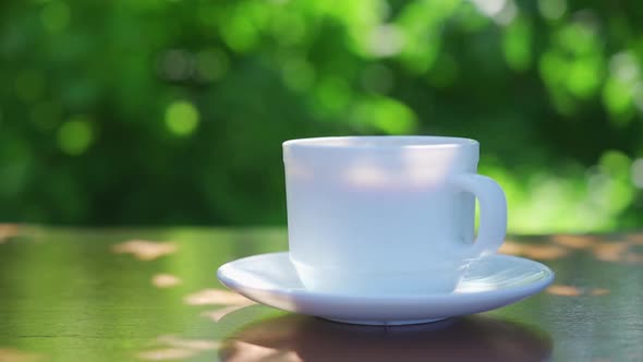 Hot Drink in a Cup Against the Background of a Summer Garden in the Morning