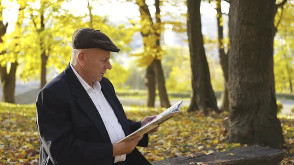 Senior Man Sitting on a Park Bench and Looking at Photo Album