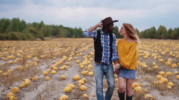 A Young Couple is Walking in a Pumpkin Field