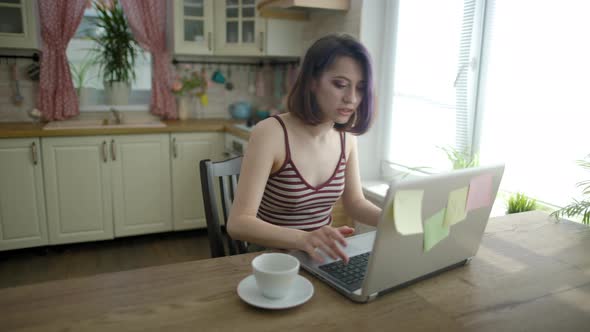 Young Beautiful Brunette Woman Works Home Kitchen Workplace Laptop