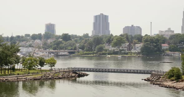 Aerial Panning Shot of a Bridge Over Water in New Rochelle