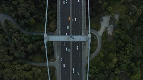 Cars on Bridge Surrounded By Trees, Incredible Birds Eye Aerial View Forward 