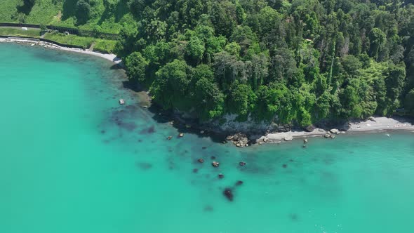 Aerial view of the Black sea coast. The Botanical Garden of Batumi, located at area of Green Cape