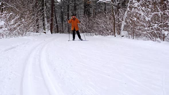 Skier skating on skis in snowy forest with snow. Cross-country skiing