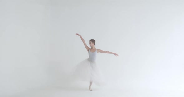 Dramatic Dance Elegant Female in a White Tutu Dance Ballet and Perform Choreographic Elements on a